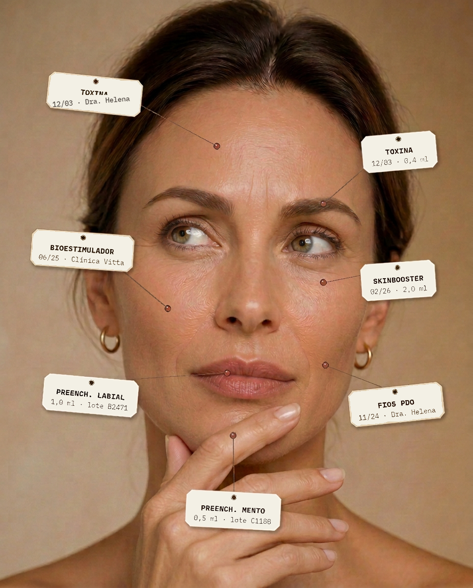 Thoughtful woman with procedure labels across her face
